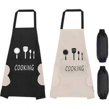 2 Pack Kitchen Apron With 2 Waterproof Arm Sleeves Covers, Drop Resistant With 2 Pockets Cooking Bib Aprons Women Men Chef - 最初的 - 查看 1