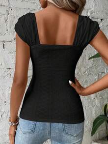 Womens Square Neck Tank Top Eyelet Cap Sleeve Slim Fit Backless Tee Going Out Summer Tops - 黑-1 - 查看 2