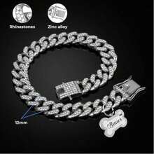 Collier de chien personnalisé de style hip-hop, collier de luxe pour animaux de compagnie, chaîne cubaine classique incrusté de strass, pendentif en forme d'os, taille réglable, convient aux chats et aux chiens - Multicolore - Voir 4
