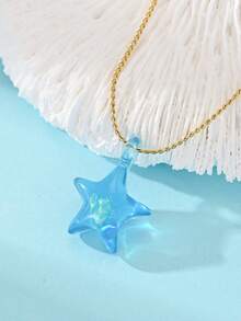 1pc Dreamy Blue Starfish Pendant Necklace, Stainless Steel Gold Chain, Vacation Date Valentine's Day Gift Accessory - Star - View 2