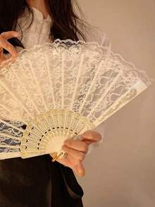 1pc White/Black New Chinese Style Black Lace Folding Fan, Lolita Hanfu Cheongsam Fan, Retro Tassel Ancient Style Hand Fan - Multicolor - View 2