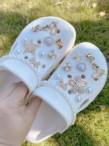 20件套珍珠花朵、海星、蝴蝶、蝴蝶结、链条鞋饰，可拆卸复古DIY仿珍珠花卉花园鞋饰，适合节日和生日派对礼物 - 金色 - 查看 7