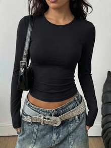 Long-Sleeve, Round-Neck, Slim-Fit White T-Shirt, Everyday Casual And Versatile Top, Basic Autumn And Winter Inner Layer. Spring Black - Black - View 2