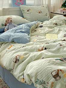 儿童床上用品套装，卡通挖掘机印花图案，4件套，包含1个被套、1个床单和2个枕套，系带拉链设计，适合男孩女孩，卧室和宿舍适用，100%涤纶材质，被套和枕套不含被芯，四季皆宜。 - 薄荷藍 - 查看 9