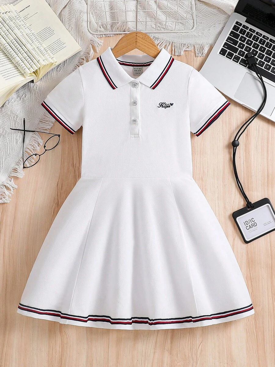 Girls Letter Embroidery Striped Trim Polo Neck Pleated Hem Dress - White - View 1