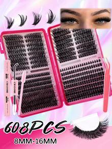 608/544/528片装DIY单根假睫毛，多款式假睫毛一盒，8-16毫米混合长度条状假睫毛，柔软持久，套装包含睫毛胶、定型液、刷子和镊子，适合日常、约会、派对和节日，易于佩戴。 - 粉色 - 查看 5