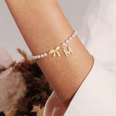 1pc Simple Vintage Bowknot Initial Pendant Bead Chain Bracelet For Women