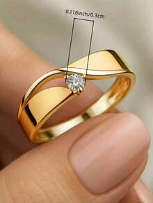 1枚时尚微镶立方氧化锆圆形装饰铜戒指，适合女性日常佩戴、婚礼、订婚、派对首饰、情人节礼物 - 金色 - 查看 3