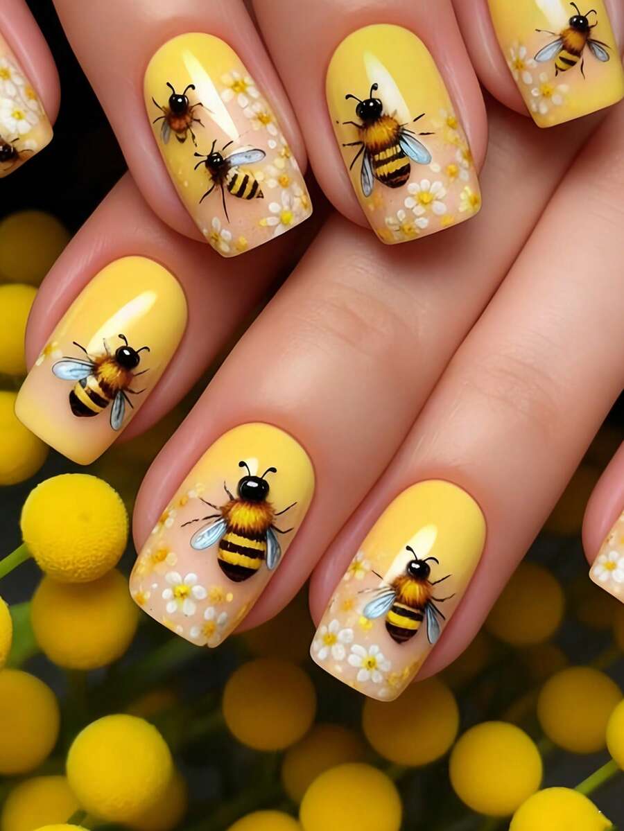 Bộ 24 miếng dán móng tay acrylic vuông cỡ trung bình, hình ong vàng đen dễ thương và màu nude, móng giả hoa dâm bụt trắng vàng rực rỡ, bộ móng phủ toàn bộ, phù hợp cho phụ nữ và bé gái, kèm 1 miếng dán keo và 1 dũa mini, giao hàng ngẫu nhiên. - Màu vàng - Xem 1