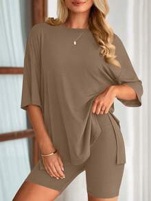 PRETTYGARDEN Women's Summer Clothes 2 Piece Sets Lounge Set Casual Oversized Shirts Biker Shorts Matching Airport Travel Sweatsuit Set Women Vacation Outfit Dark Khaki Summer Brunch Outfits For Women - 深卡其 - 查看 4