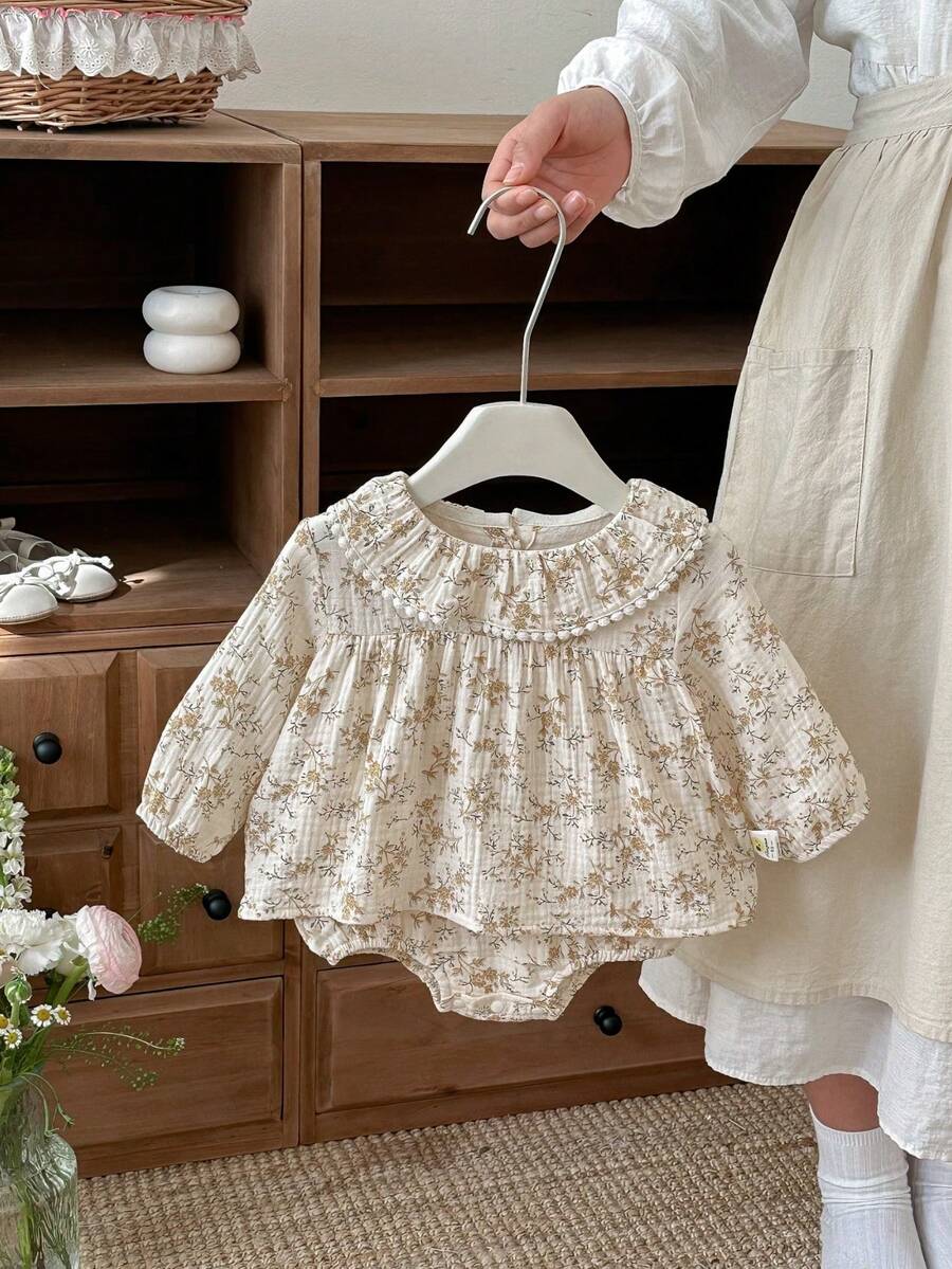 Spring Baby Girls' Floral Dress, Peter Pan Collar Bodysuit - Mustard Yellow - View 1