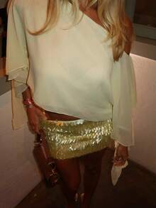 Women's Ruched Cape One Shoulder Poncho Double Layer Shrug See Through Flowy  Asymmetrical Neck Fitted Crop Top - Yellow - View 2