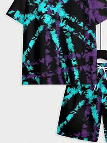 Two-Piece, Distinctive Geometric, Knitted Fabric, Crisp Lines, Men's Poolside Relaxation, Summer Island Getaways, Black Background With Purple-Teal Radial Pattern, Men's Short-Sleeve Beach Pants Set - Nhiều màu - Xem 6