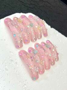 10片超长手工美甲贴片，适合派对和日常佩戴，3D水钻、花朵、蝴蝶结、小猫咪和芭蕾舞元素，适合女孩，易于佩戴。10片Y2K风格超长手工美甲贴片，闪亮人造宝石，春夏风格，适合女孩和女士参加节日派对和日常佩戴。（请注意：配饰颜色随机。如果您介意，我们建议您不要下单。）手工美甲贴片 - 淺粉色 - 查看 12