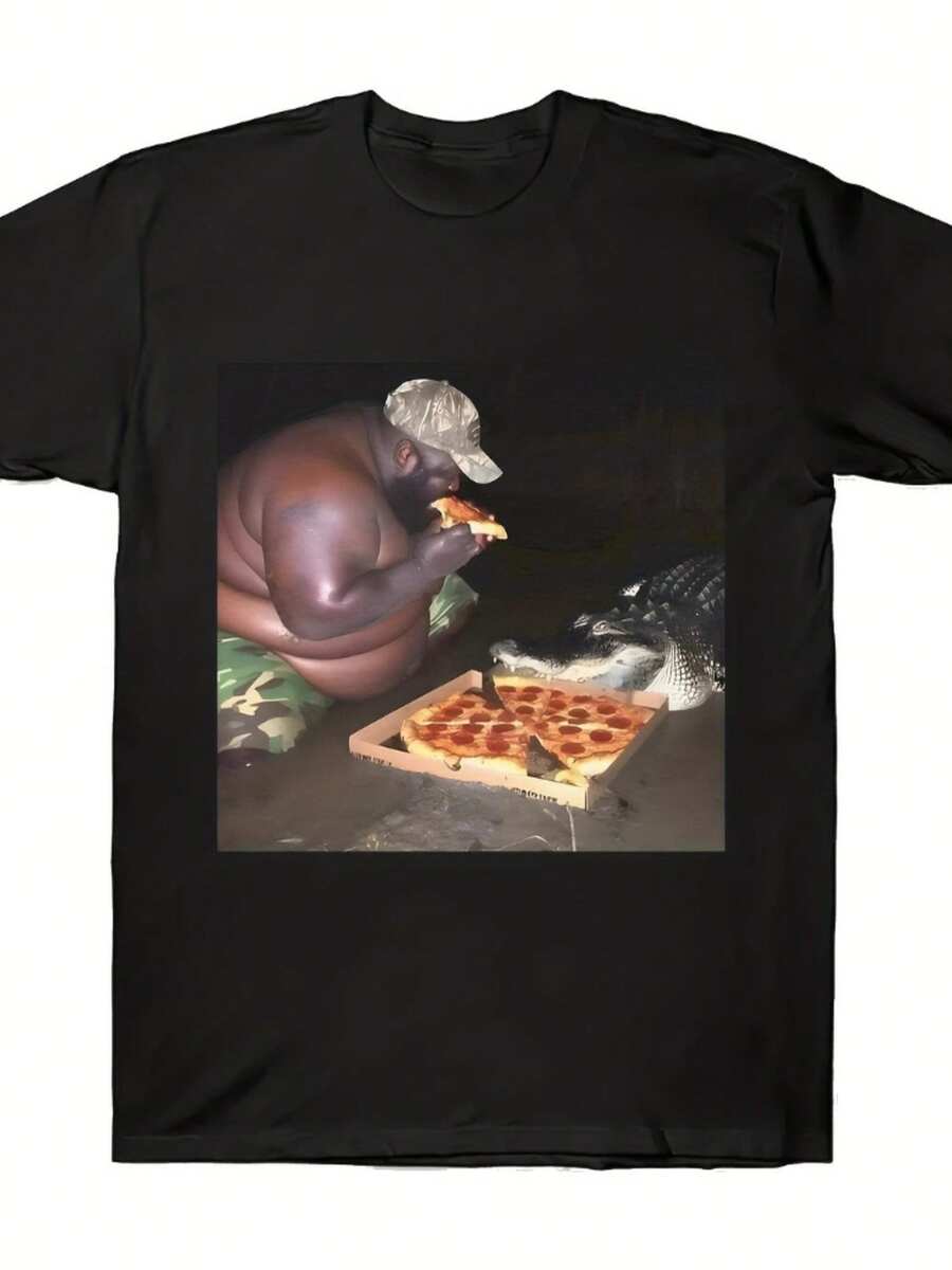 Camiseta de manga corta con estampado gráfico de pescado y pizza de Payeah Brothers para hombre - Negra, corte relajado, cuello redondo. Top ligero para todas las estaciones, para salidas informales y actividades al aire libre. Ropa de ocio. Estilo bohemio. Ajuste cómodo. Camisa estampada. Amantes del Humor - Negro - Ver 1