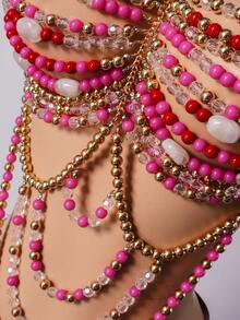 Glossmoon European And American Women's Fashion Acrylic Beaded Halter Neck Versatile Hollow Body Chain Niche Bra Sexy Colorful Beaded Tube Top Bikini Jewelry Beachwear Nightclub Outfit - Màu Hồng Tươi - Xem 3