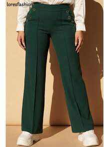 Pantalón de vestir mujer cintura alta pierna ancha stretch crepé casual elegante para oficina reuniones eventos bolsillos pretina elasticada botón forrado antiarrugas sin transparencia suave - Verde militar - Ver 4