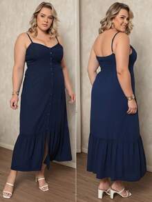 Plus Size Women's Long Plain Strappy Dress For Summer, Lightweight, Comfortable With Built-In Bra And Front Buttons - Azul Marino - Ver 1