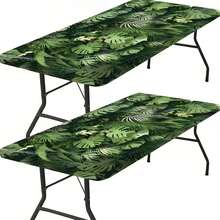 1pc Elastic Edge Tablecloth, Suitable For Outdoor Use, Lightweight And Washable, Deep Green Jungle Style With Tropical Plant Print, Full Cover Tablecloth For Picnic Party, Family Gathering, Indoor/Outdoor Decoration, Holiday Use - Multicolor - View 7