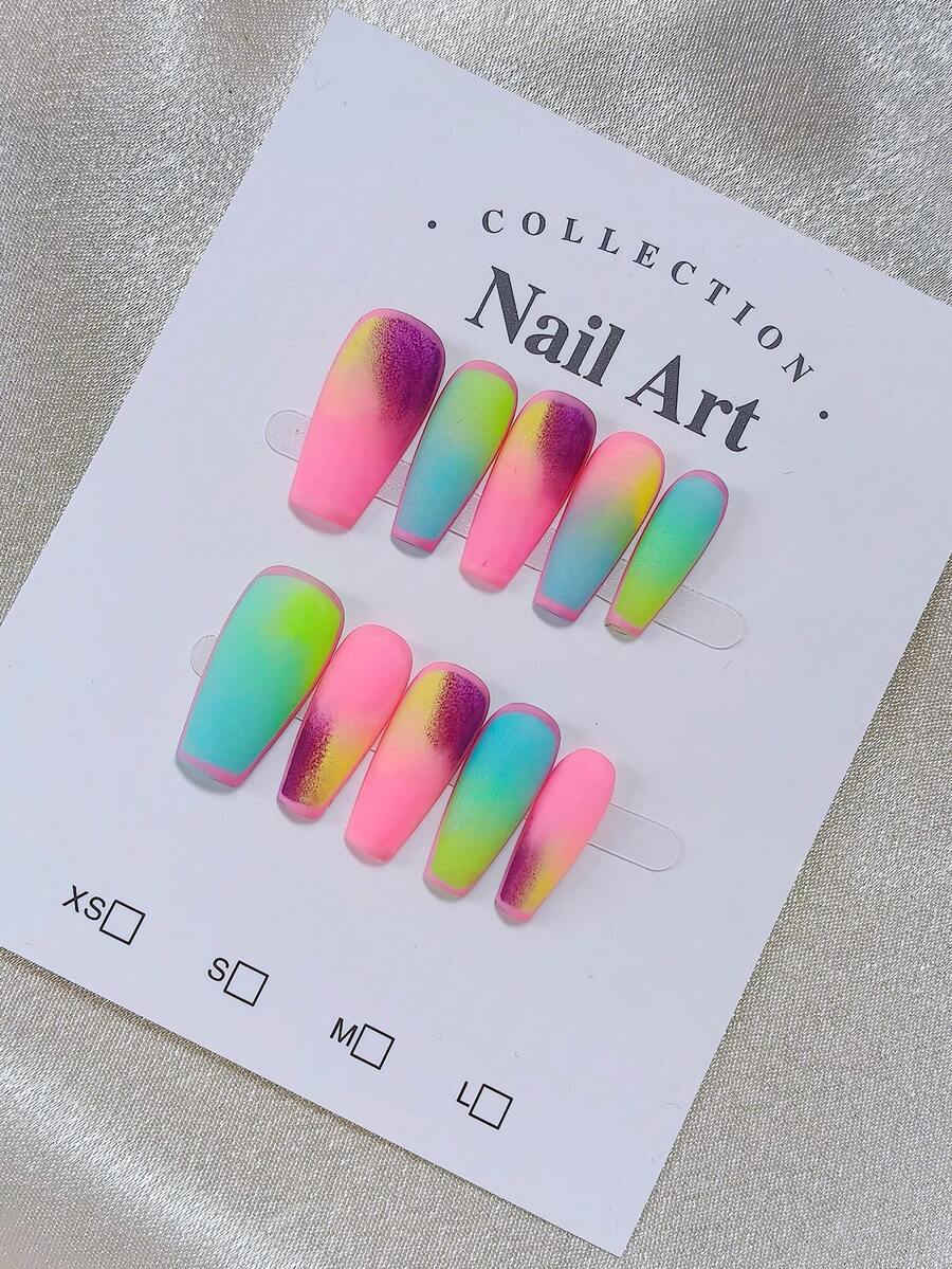 1 paquete/10 piezas - Uñas postizas hechas a mano con efecto ombré de arcoíris neón intenso + salpicaduras moradas - Multicolor - Ver 1