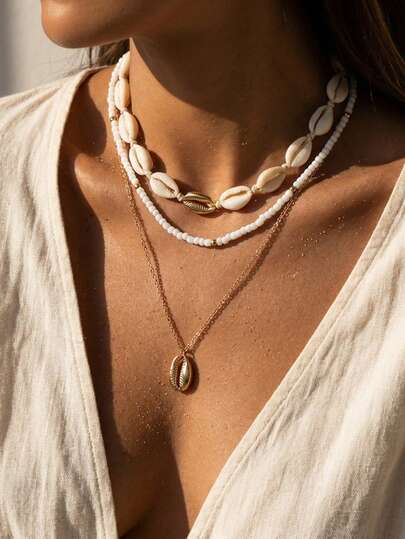 3pcs Bohemian Ocean Holiday Style Starfish & Bead Multi-Layer Necklace Set