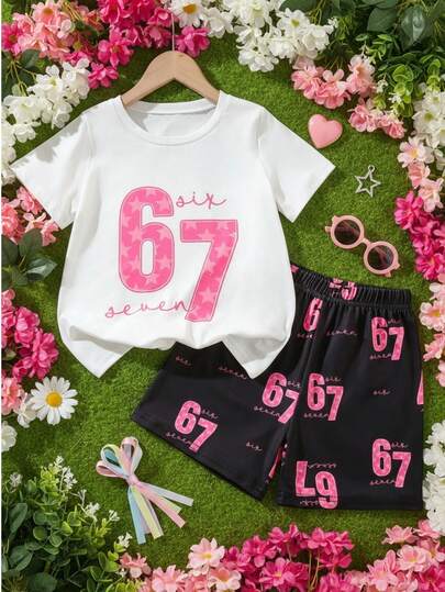 2pcs/Set Young Girls Casual Sports Numeric 67 & Letter Print Short Sleeve T-Shirt And Shorts Set, Spring/Summer