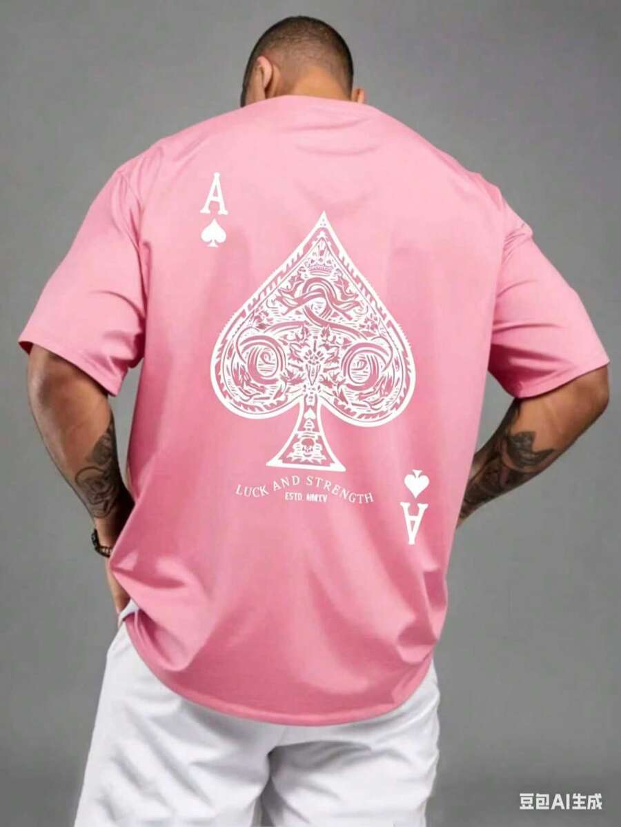 Men's Aces Of Spades Poker Pattern Casual T-Shirt - Soft Polyester Blend, Crew Neck, Short Sleeve, Machine Washable New Casual T-Shirts For Men And Women - 粉色 - 查看 1