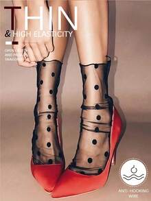 1 Pair Women's Sheer Mesh Stockings, Thin Black Socks With Classic Polka Dot Elements, Made Of Selected Lightweight Mesh Fabric, Retro Fashion - Multicolor - View 2