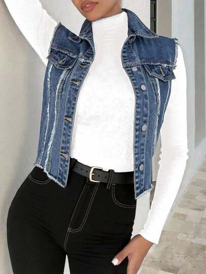 Chaleco de Mezclilla para Dama, Ropa Vaquera Mujer Color Azul, Detalles de Bordes Desflecados, Versátil y Fashion, Chaleco de Mezclilla Azul Oscuro sin Mangas con Acabado Deshilachado para un Look Casual Urbano