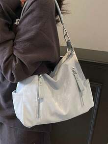 2026新款女款大容量通勤小眾設計單肩包 休閒百搭極簡時尚斜挎包 舒適布料PU紋理純色設計 拉鍊開合可調節長肩帶後背包 多功能大空間托特包附吊飾 - 藍色 - 查看 5