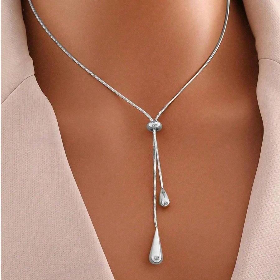 1pc Stainless Steel Fashionable Minimalist Retro Elegant Metal Water Drop Adjustable Necklace - Adjustable Pull Chain, Anti-Fading And Hypoallergenic, Suitable For Daily Wear, Brunch Dates And Anniversary Gifts - Silver - View 1