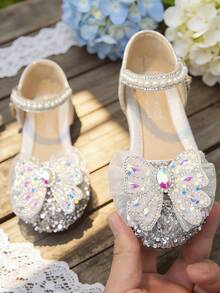 女童礼服鞋、玛丽珍公主鞋、女童平底鞋、闪亮低跟鞋、花朵婚礼派对鞋，适合幼儿/成人 - 銀色 - 查看 4