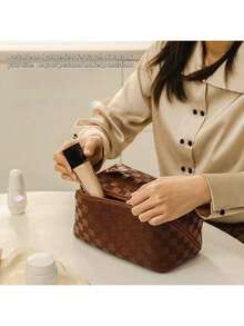 1pc Large Capacity Portable INS New Checkerboard Makeup Bag, Pencil Case, Stationery Box, Convenient Travel Tote - Single Piece - View 7