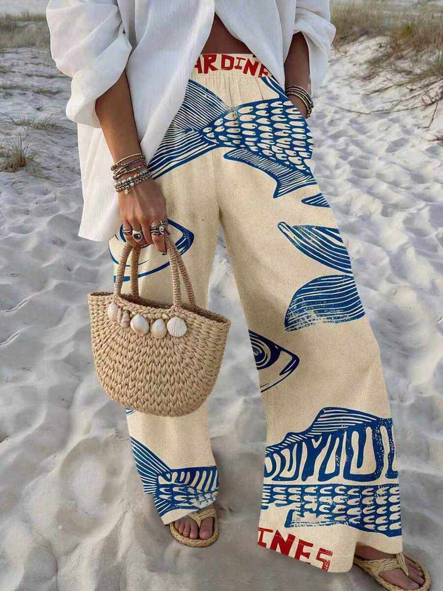 女士字母鱼印花休闲百搭长裤，适合度假和春季穿着 - 彩色 - 查看 1