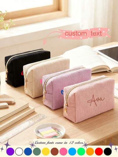 1pc Customizable Text Embroidery With Corduroy Handbag . Stylish And Simple, Large Capacity, And Multifunctional. Can Be Used As A Desktop Pencil Case, Office Bag, Cosmetic Bag, Daily Commuter Bag, Or Travel Organizer. Currently On For Back-To-School Season, Perfect As A Bridesmaid Gift, Wedding Gift, Or A Surprise Gift For Mother's Day, Christmas, Thanksgiving, And Birthdays.