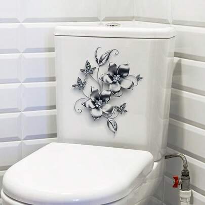 Pegatina plateada y gris con flores y mariposas para el inodoro, pegatina decorativa para la tapa y el tanque del baño