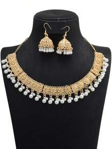 1pc Necklace & 1 Pair Earrings Set, Floral Engraved Necklace, Tassel Bell Earrings, Bohemian Classical Style, Suitable For Holiday, Travel, Party, Formal Occasions For Women - Golden White - View 4
