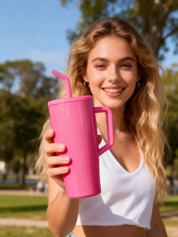 1 Piece, Large-Capacity Straw Cup, Stainless Steel Insulated Mug With Handle - Thick-Walled Portable Car Cup, Electroplated Metal Texture, Reusable Travel Cup Suitable For Hot Or Cold Drinks, Perfect For Car, Gym, Outdoor, Automotive, Holiday Gifts, And Home Accessories