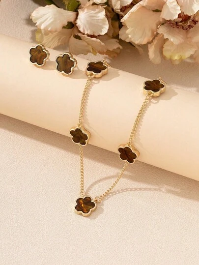 1 Set Classic Elegant Luxury Lucky Clover Necklace & Earrings Jewelry Set, Versatile Commuting Gift For Anniversary