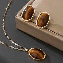 3件套优雅棕色耳环项链首饰套装，女士礼物 - 棕色 - 查看 1