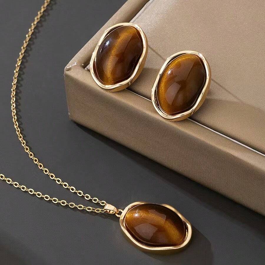 3件套优雅棕色耳环项链首饰套装，女士礼物 - 棕色 - 查看 1