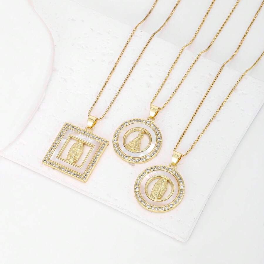 1件白色锆石18k镀金铜质几何圣母玛利亚吊坠项链，奢华简约珠宝，女士礼物 - 金色 - 查看 1