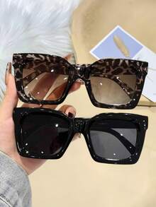 2 Pairs Women's Plastic Large Frame Bohemian Fashion Glasses Set, Suitable For Daily Use, Accessories - Black White Leopard Print - View 4