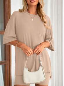 PRETTYGARDEN Women's Summer Clothes 2 Piece Sets Lounge Set Casual Oversized Shirts Biker Shorts Matching Airport Travel Sweatsuit Set Women Vacation Outfit Khaki Summer Brunch Outfits For Women - 卡其色 - 查看 5
