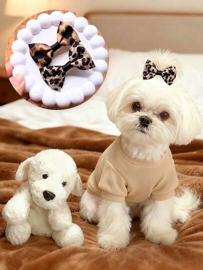 2/4Pcs Leopard Print Fabric Pet Hair Clip Cute Bow Shaped Decoration, Puppy Keep Dog Cat Shaped Headwear, Stable Wearing Daily Walking/Holiday Dressing Cat Dog Universal Hair Accessory