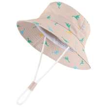 儿童恐龙图案遮阳帽，婴儿夏季户外宽檐帽，男女童棉质渔夫帽带下巴带 - 迷你恐龍 - 查看 5