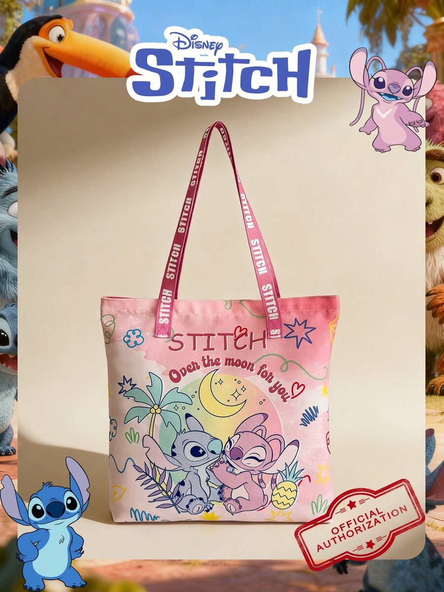 1 Pc Disney Officially Licensed Stitch Pattern Canvas Tote Bag, Women's Large-Capacity Shoulder Bag, Lightweight Reusable Shopping Bag – Ideal For Girls, Teens, Cartoon Fans, Perfect For Daily Commutes, Grocery Shopping, School Runs, Beach Trips, Holiday Gatherings,Back To School - DHF52266-sT - View 1