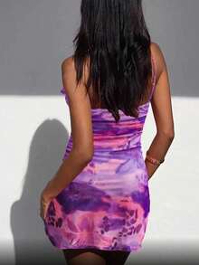 Floral Print Ruffle Hem Camisole Mini Casual Vacation Dress Party Summer Elegant - Purple Flower - View 3