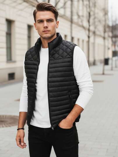 Chaleco acolchado para hombre, sin mangas, cuello alto, ligero y transpirable, tejido 100% poliéster, con bolsillos con cremallera, casual y versátil, diseño de acolchado horizontal.
