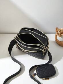 2pcs/Set Fashionable Rhombus Stitching Multilayer Crossbody Shoulder Bag & Charm Bag For Women - Black - View 6
